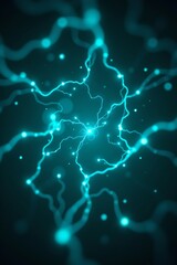 Poster - top view of neurons in turquoise tones under electric brilliance, photo with clear copy space at the bottom.