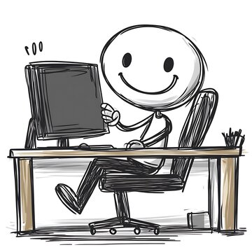 Happy stick figure working at computer desk with a smiling face