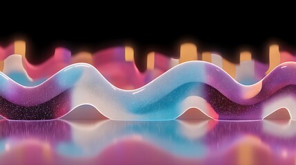 Poster - Abstract colorful wave formations with glossy texture and vibrant neon lights reflecting in dark background