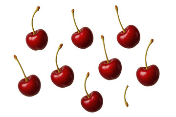 Poster - Fresh, juicy red cherries falling against a transparent background, perfect for food and beverage projects