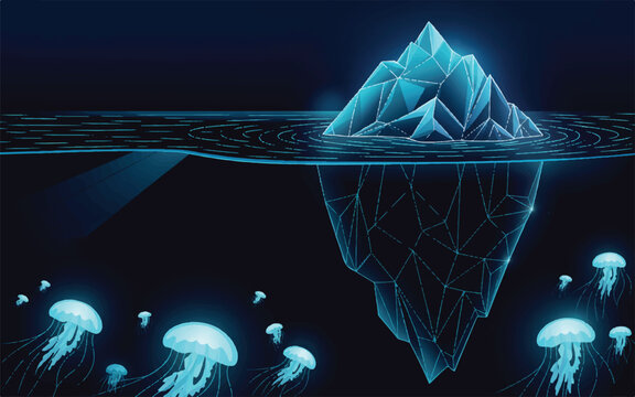 Digital Iceberg Hidden Depths and Glowing Jellyfish