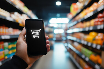 Wall Mural - Hand holding smartphone with cart icon, mobile shopping concept.
