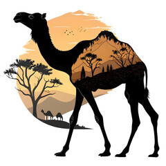 Fototapete - A full-body black silhouette of a camel with one hump, standing in a side profile with clear outlines and minimalistic design.