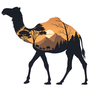 A full-body black silhouette of a camel with one hump, standing in a side profile with clear outlines and minimalistic design.