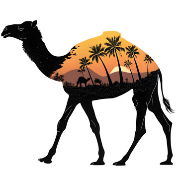 A full-body black silhouette of a camel with one hump, standing in a side profile with clear outlines and minimalistic design.