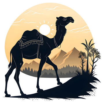 A full-body black silhouette of a camel with one hump, standing in a side profile with clear outlines and minimalistic design.
