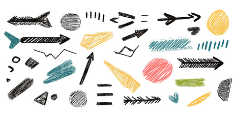 Poster - Hand drawn scribble arrows and abstract shapes in chalk style with colorful crayon textures and minimalistic sketch elements for design use