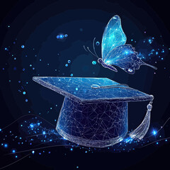 Poster - Digital wireframe graduation cap with glowing low poly butterfly flying above in blue technology style vector illustration education freedom concept