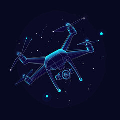 Poster - Futuristic glowing blue quadcopter drone with camera aerial photography technology network connection digital wireframe illustration on dark background