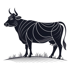 Fototapete - A full-body black silhouette of a cow with a visible udder, shown in side profile with clear outlines and a minimalistic design.