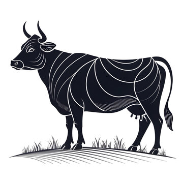 A full-body black silhouette of a cow with a visible udder, shown in side profile with clear outlines and a minimalistic design.