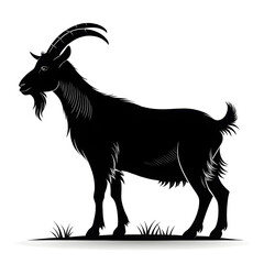 Fototapete - A full-body black silhouette of a goat standing in side profile, with distinct horns and a minimalistic design.