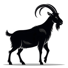 Fototapete - A full-body black silhouette of a goat standing in side profile, with distinct horns and a minimalistic design.