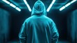 © Larisa AI - A figure in a hoodie stands in a dark tunnel, illuminated by striking neon lights, creating an ambiance of mystery and urban exploration in a modern city.