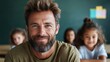 © Larisa AI - A cheerful male teacher smiles warmly at the camera, with engaged young students in the background, promoting the value of education and positive learning environments.