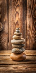 Wall Mural - Ancient stone stack on earthy brown wooden surface