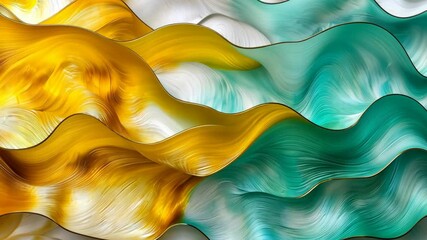 Poster - Abstract Waves in Gold, Teal, and White: Flowing Texture Artwork