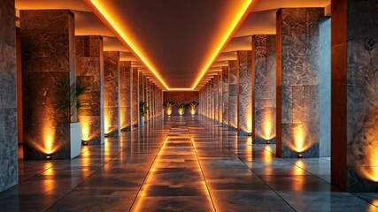 Poster - Warm Lit Corridor with Stone Columns and Reflective Floor