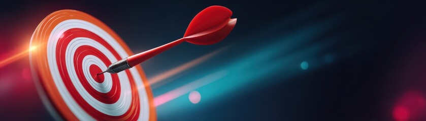 Poster - A dart striking the center of a colorful bullseye, set against a dramatic background with streaks of light.
