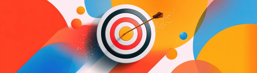 Poster - Colorful abstract illustration of a target with an arrow, symbolizing focus and achievement in a vibrant setting.