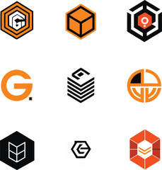 Poster - Collection of abstract geometric logos featuring orange and black hexagons and cubes