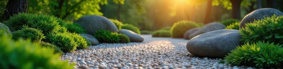 Wall Mural - Serene zen garden scene at dawn, featuring carefully raked gravel, smooth stones, and lush green plants A perfect image for mindfulness, peace, and tranquility , yoga, healthy, harmony