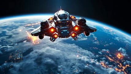 Wall Mural - Futuristic spaceship flying above earth in the vast expanse of space.