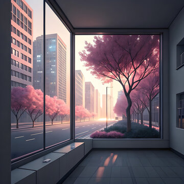 A futuristic cityscape seen through a minimalist window, featuring sleek skyscrapers, glowing lights, and a clean, modern aesthetic.