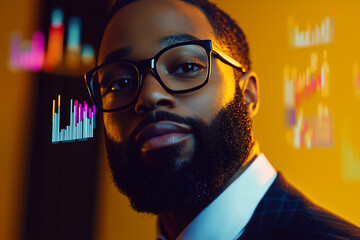 black man interacting with holographic data streams, tech innovation concept.