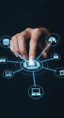 Poster - Finger interacts with glowing AI chip interface, showing data, cloud, profile, graph, and bank icons, representing digital technology and artificial intelligence connection