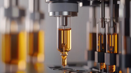 Poster - Automated machinery filling glass vials with vaccine under HEPA filter, sterile environment, precision process