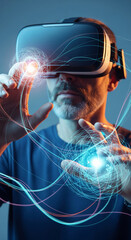 Poster - Man wearing VR headset interacts with digital holographic spheres, showcasing virtual reality technology and its immersive capabilities