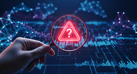 Leinwandbilder - Hand holding magnifying glass over red warning sign with question mark, set against a digital data background, symbolizing problem-solving, data analysis, or risk assessment