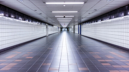Poster - Symmetrical tunnel with white tiled walls, black floor, and bright ceiling lights creates futuristic atmosphere