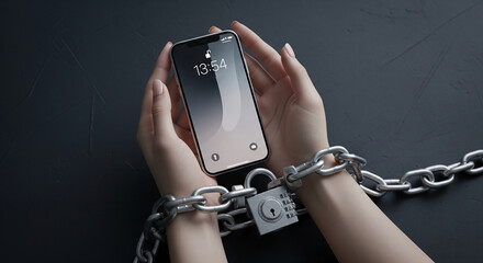 Poster - Hands holding smartphone, bound by chain and padlock, symbolizes technology addiction or digital dependence, dark background