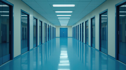 Poster - Modern blue corridor glossy floor fluorescent lighting clean walls glass doors empty symmetry calm atmosphere