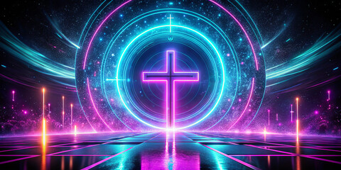 Poster - A radiant cross stands at the center of vibrant circles and beams of light in a futuristic landscape. The scene blends spirituality and technology through vivid colors and design