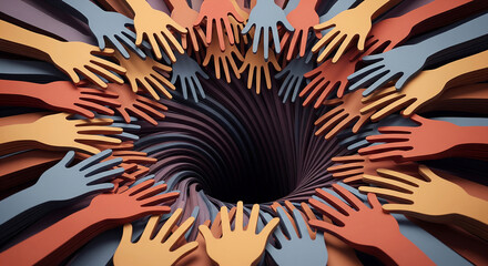Poster - Abstract image of many hands reaching into a vortex, conveying unity, collaboration, and collective effort, suitable for teamwork or community concepts