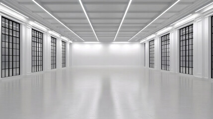 Aufkleber - Spacious empty industrial hall with glossy white floor, large grid windows, modern ceiling lights, and minimalistic
