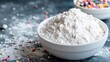 © Larisa AI - A heap of fine flour sits prominently on a table, surrounded by colorful sprinkles, symbolizing baking, creativity, and the joy of culinary adventures in sweet treats.