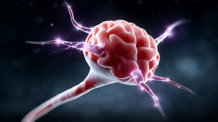 Poster - Neuron showcasing activity with electrical impulses radiating from its structure. Dark background enhances visibility of neural connections. Concept of neuroscience, brain health, technology