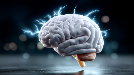 Poster - Brain emits electric sparks in a dark environment suggesting creativity and mental power. The background features soft lighting creating a dramatic effect