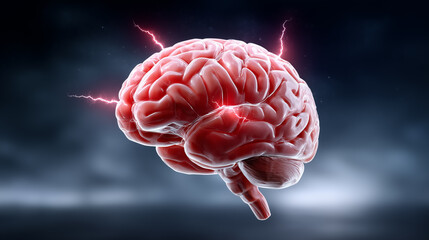 Poster - Brain radiating electric sparks, representing neural connections and cognitive activity. Dark background adds dramatic effect. Concept of neuroscience, mental health, education