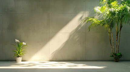 Aufkleber - Minimalist concrete wall, sunlight streaming, potted orchid, palm plant, modern interior, peaceful, natural light