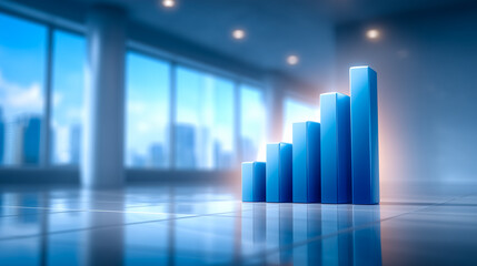 Poster - Blue bar graph shows steady growth with increasing heights, symbolizing progress and success in business. Modern office interior with bright natural light