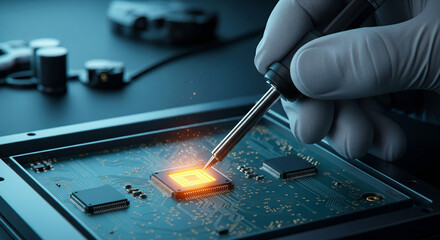 Poster - Close-up of gloved hand soldering microprocessor onto circuit board, glowing sparks visible, showcasing technological precision and innovation in electronics manufacturing