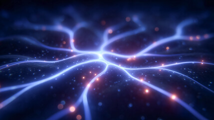 Poster - Glowing neural connections weave through a dark expanse, creating an abstract representation of brain activity. Concept of neuroscience, technology, digital artistry