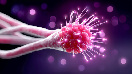 Poster - Vibrant pink bacteria with luminous tendrils displayed against an abstract purple background. Concept of microbiology, science, research, and education