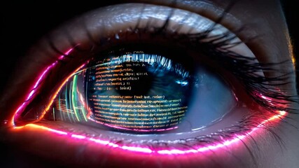 Poster - A close-up of an eye with neon lights reflecting in the iris, showing computer code and data flowing through it. The reflection creates a surreal effect that adds depth to the scene. Cyberpunk style.