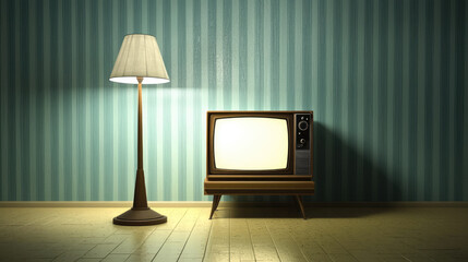 Aufkleber - Retro television vintage lamp striped wallpaper wooden floor nostalgic mood classic style empty screen living room